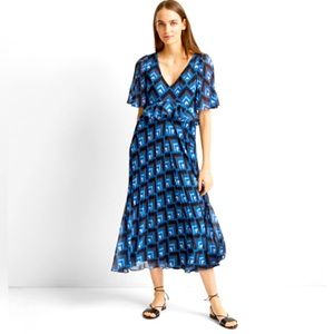Club Monaco Gostanzah Pleated Midi Dress Blue Diamond Print Ruffle